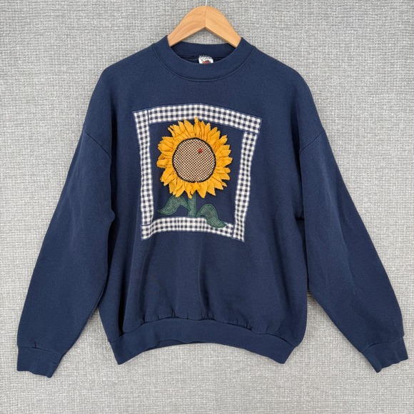 Fruit of the Loom Tops - Vintage Y2K Fruit Loom Sunflower Sweatshirt Women XL Navy Blue Cottage Country